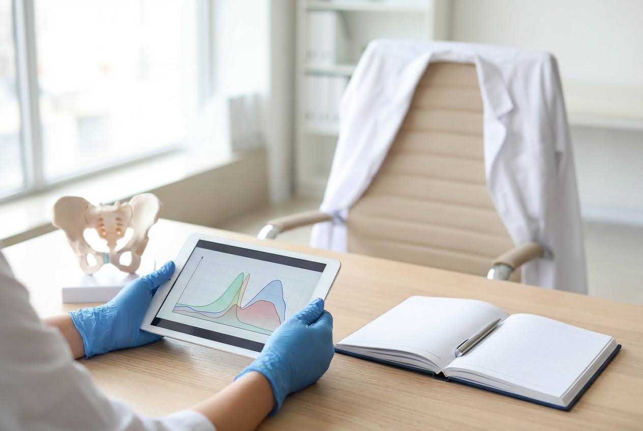 Doctor in blue gloves holding a tablet with a graph, a pelvis model, and an open notebook on a light wooden desk.