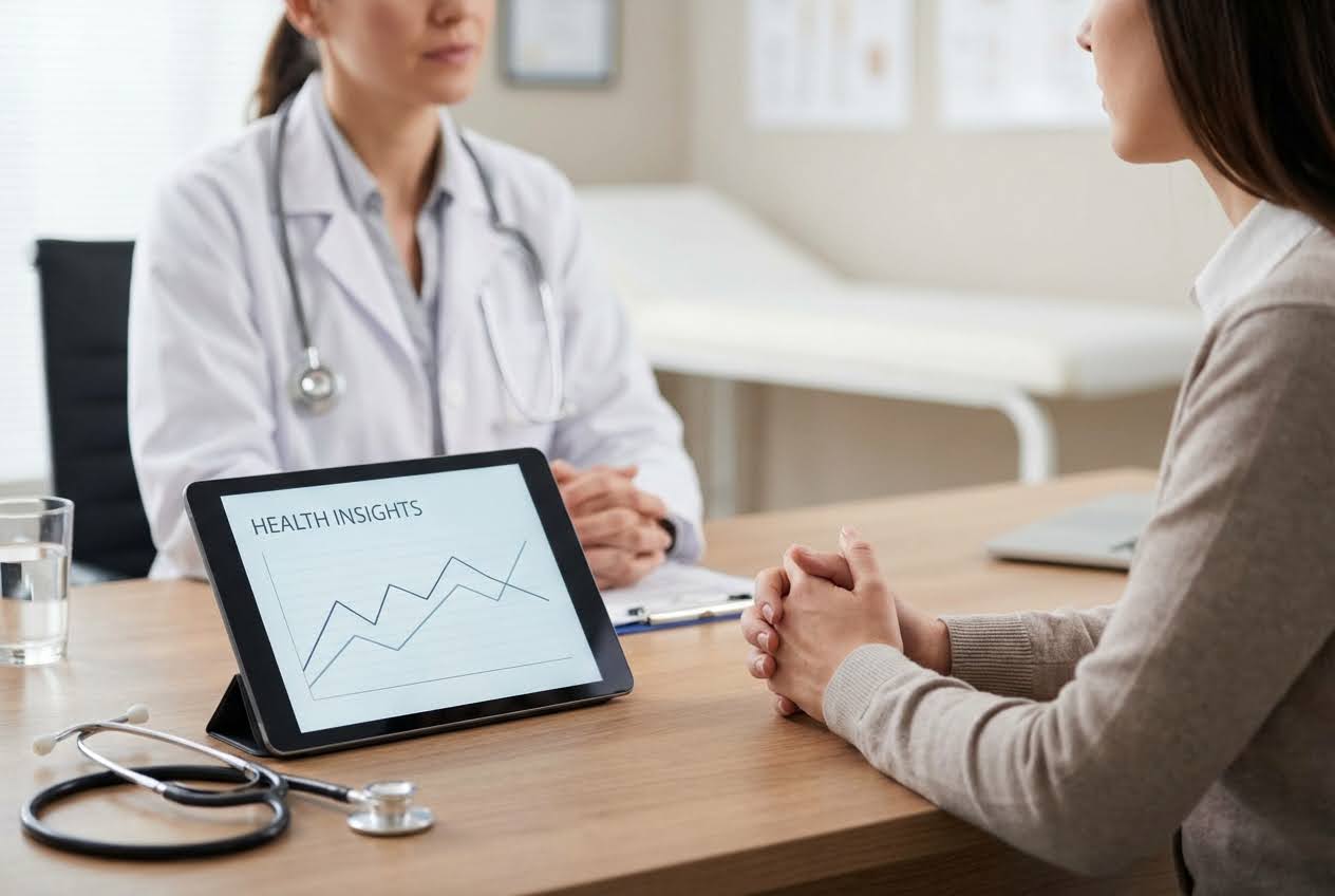 Doctor in white coat and patient at a desk with a tablet displaying "HEALTH INSIGHTS" and a line graph.