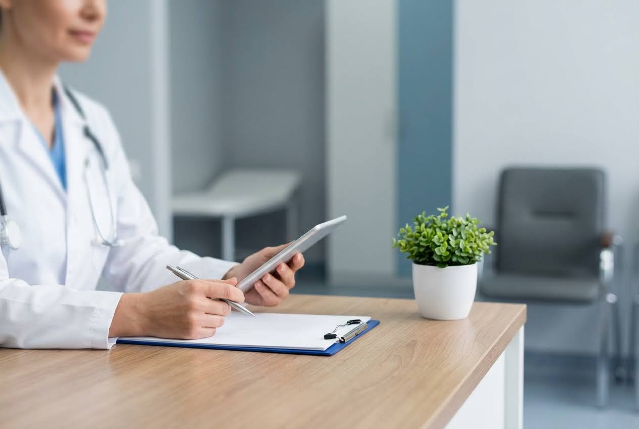 Doctor in a white coat and stethoscope, holding a tablet and pen, writing on a clipboard at a wooden desk.