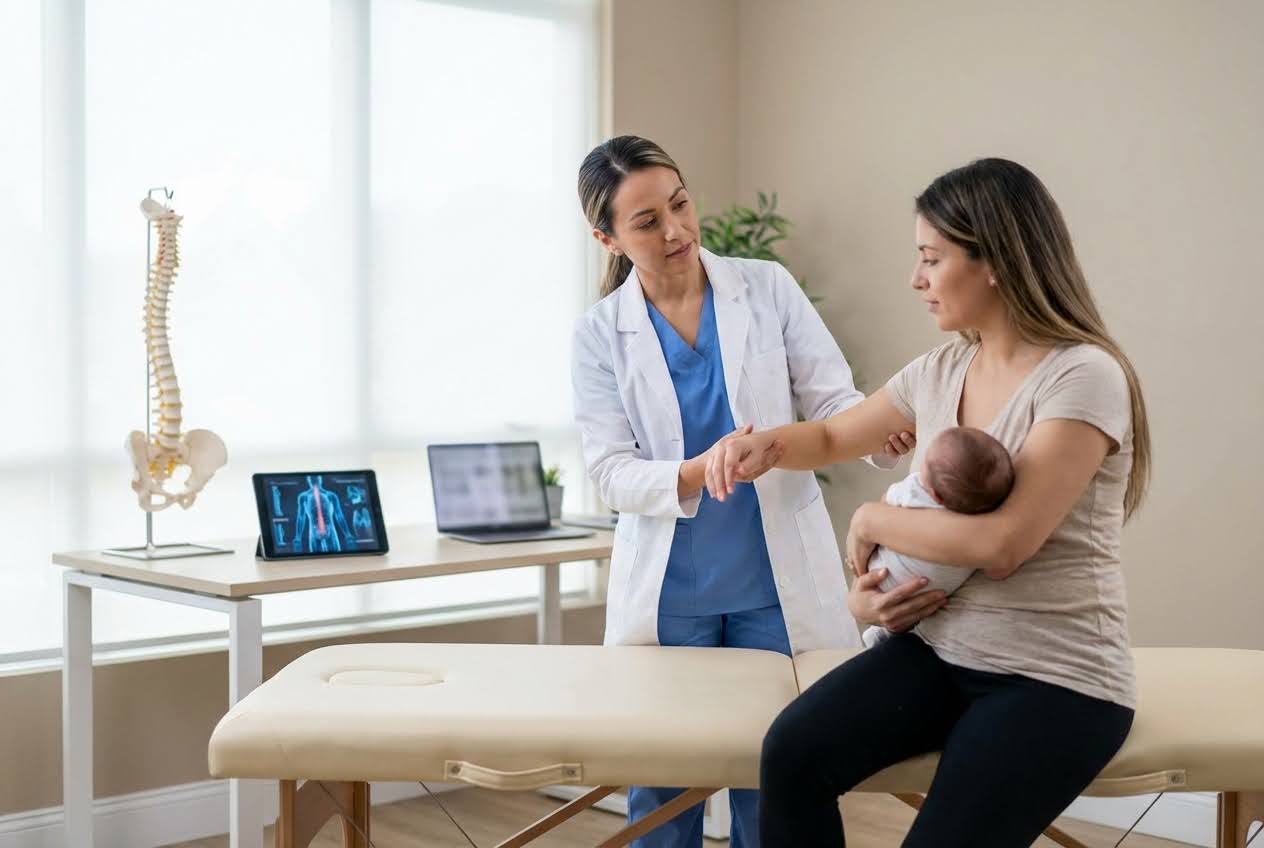 Doctor in white coat examining a new mother holding her baby, with a spine model and tablet showing an X-ray in the background.