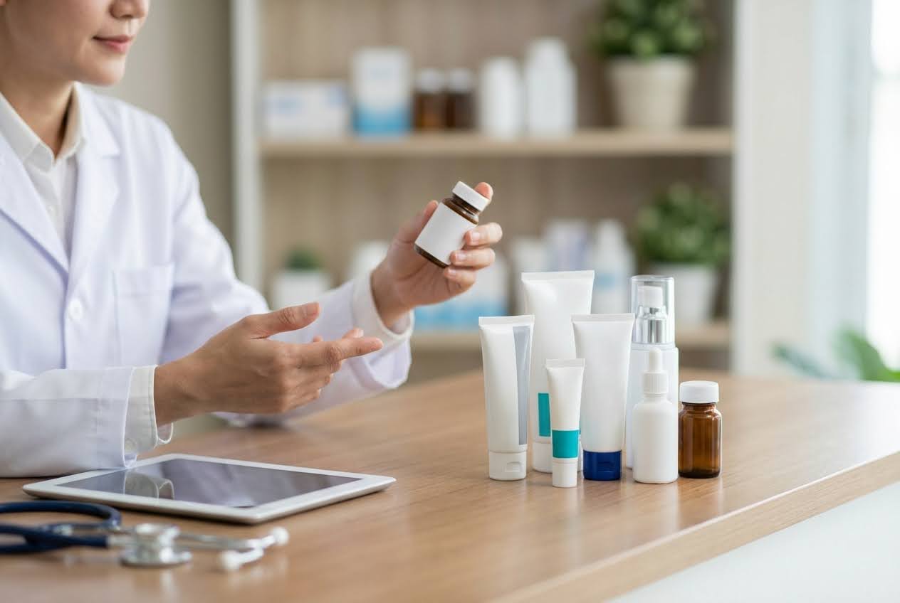 Doctor in a white coat holding a small bottle, with various white tubes and bottles on a wooden counter.