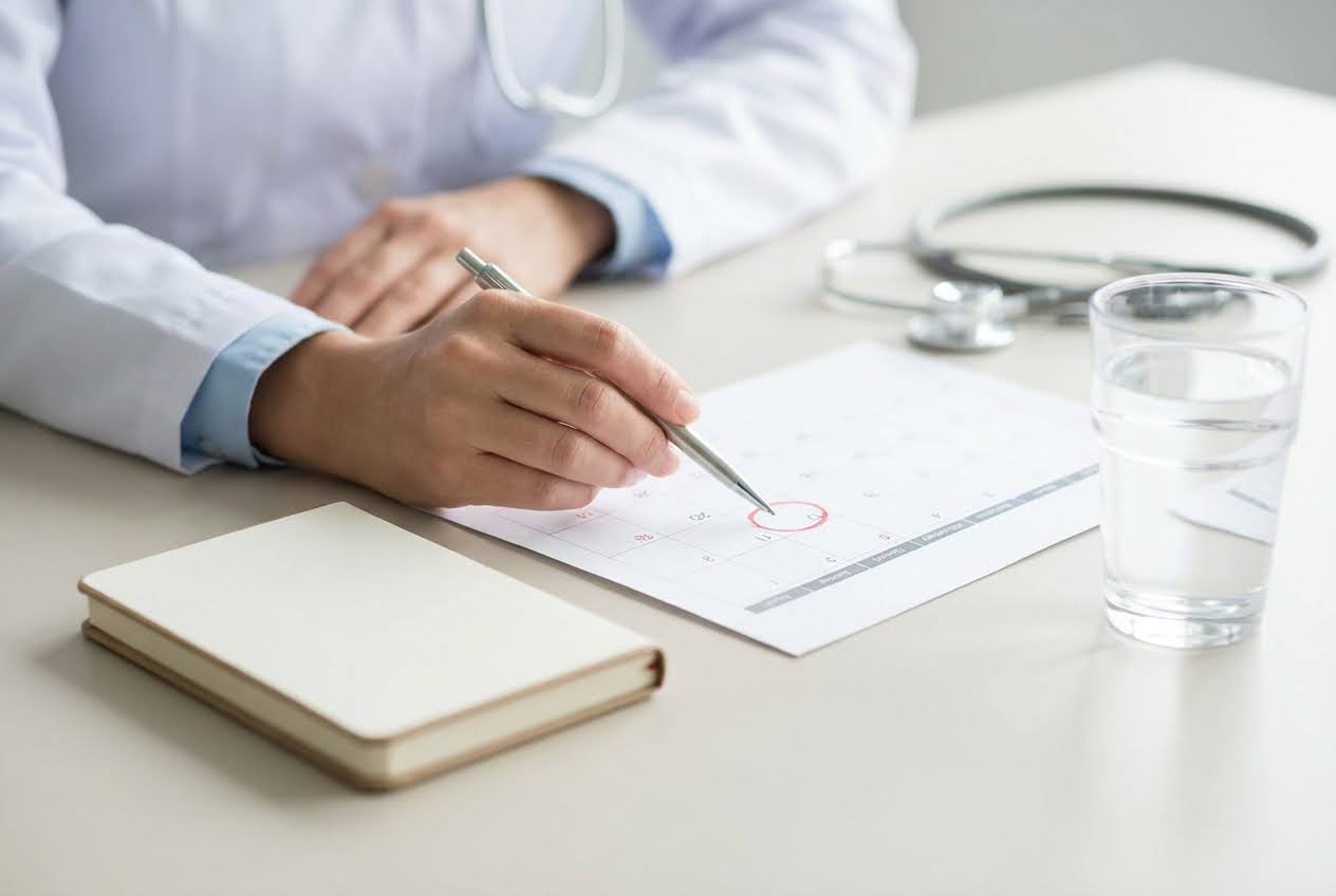 Doctor in a white coat marking a date on a calendar with a red circle, next to a notebook and a glass of water.