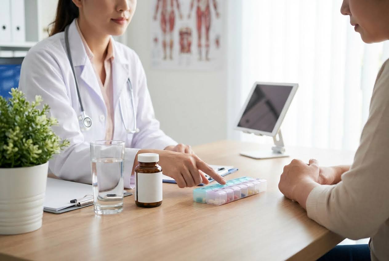 Doctor in white coat pointing at a pill organizer on a wooden desk with a patient, tablet, and plant 90
