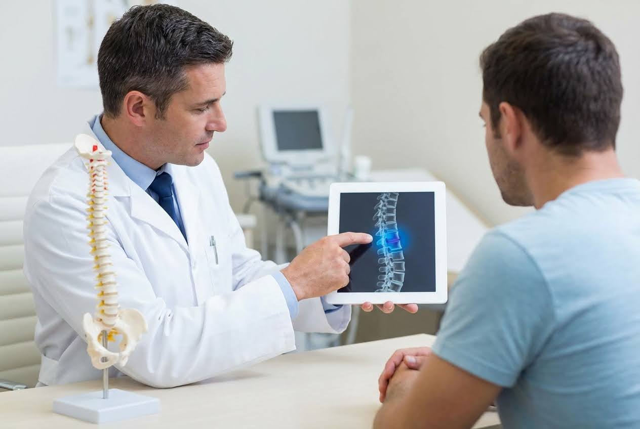 Doctor in white coat pointing at a spinal stenosis X-ray on a tablet to a patient, with a spine model nearby.