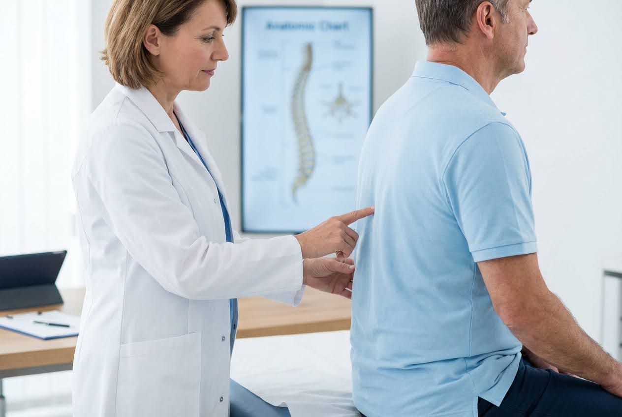 A doctor in a white coat is pointing to a man's mid-back, with a spine anatomy chart visible in the background.