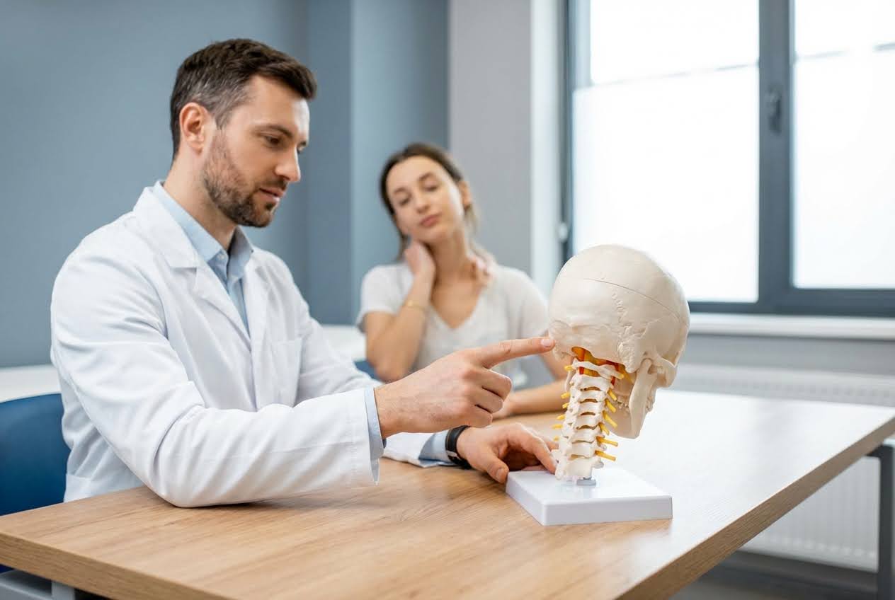 Doctor in white coat pointing to a skull and cervical spine model, while a woman holds her neck in the background.