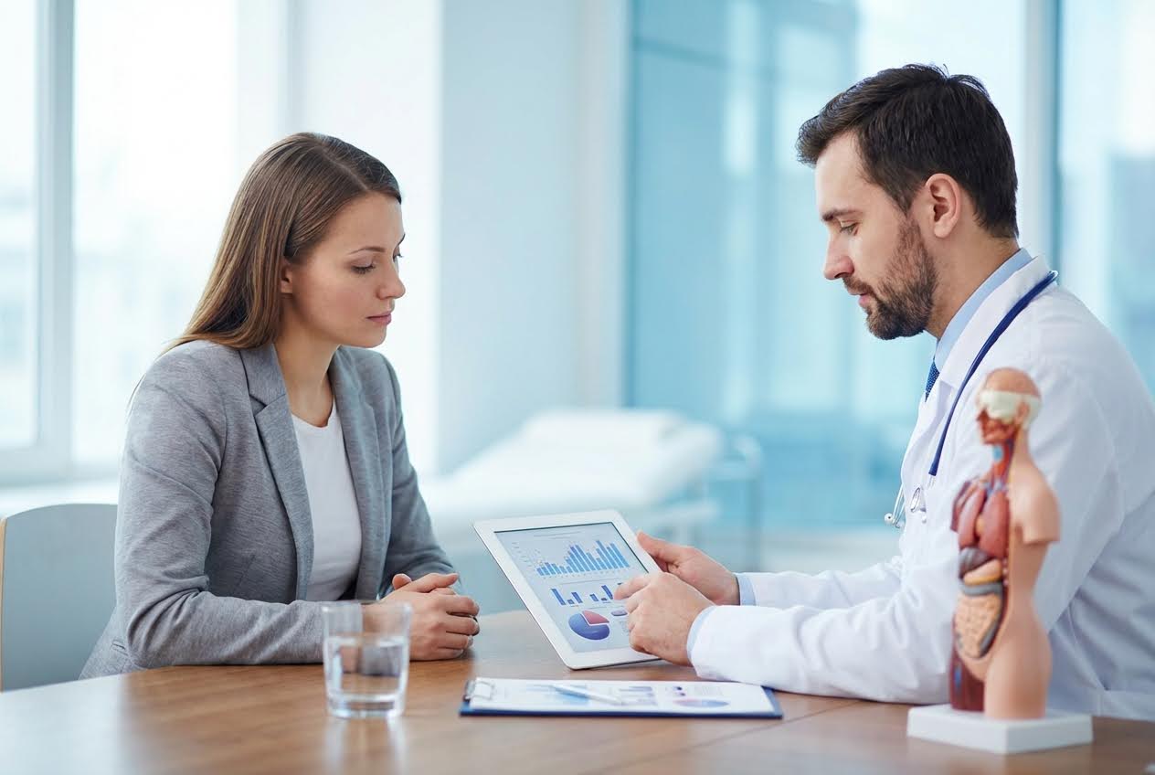 Doctor in a white coat showing a female patient's medical data on a tablet, with an anatomical model on the desk.