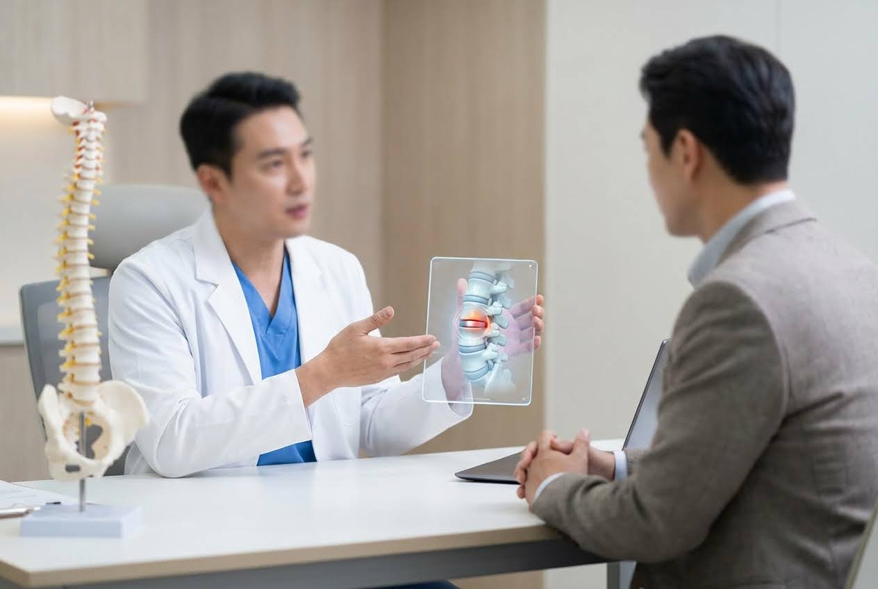 Doctor in a white coat showing a patient a transparent tablet with a 3D herniated disc model, with a spine model on the table.
