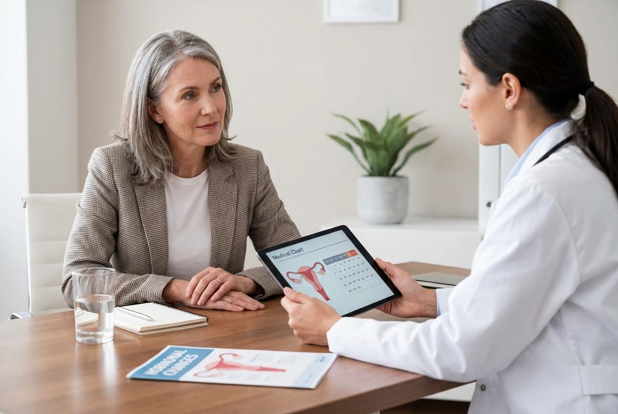 A doctor in a white coat shows a tablet with a uterus diagram to a gray-haired woman in a brown blazer.