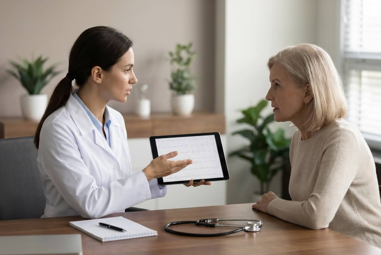 A doctor in a white coat shows a tablet with medical data to an older woman in a beige sweater.