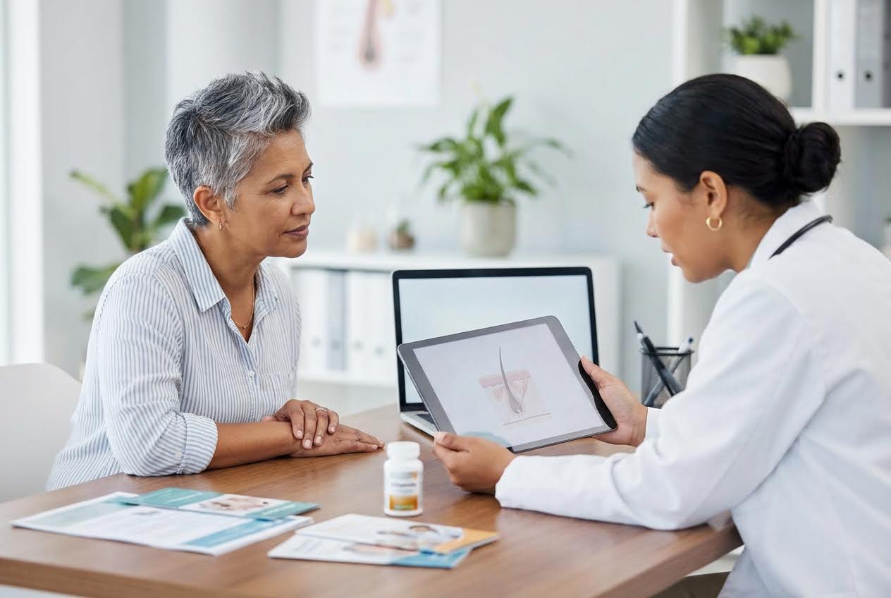 A doctor in a white coat shows a tablet with a hair follicle diagram to a gray-haired woman in a striped shirt