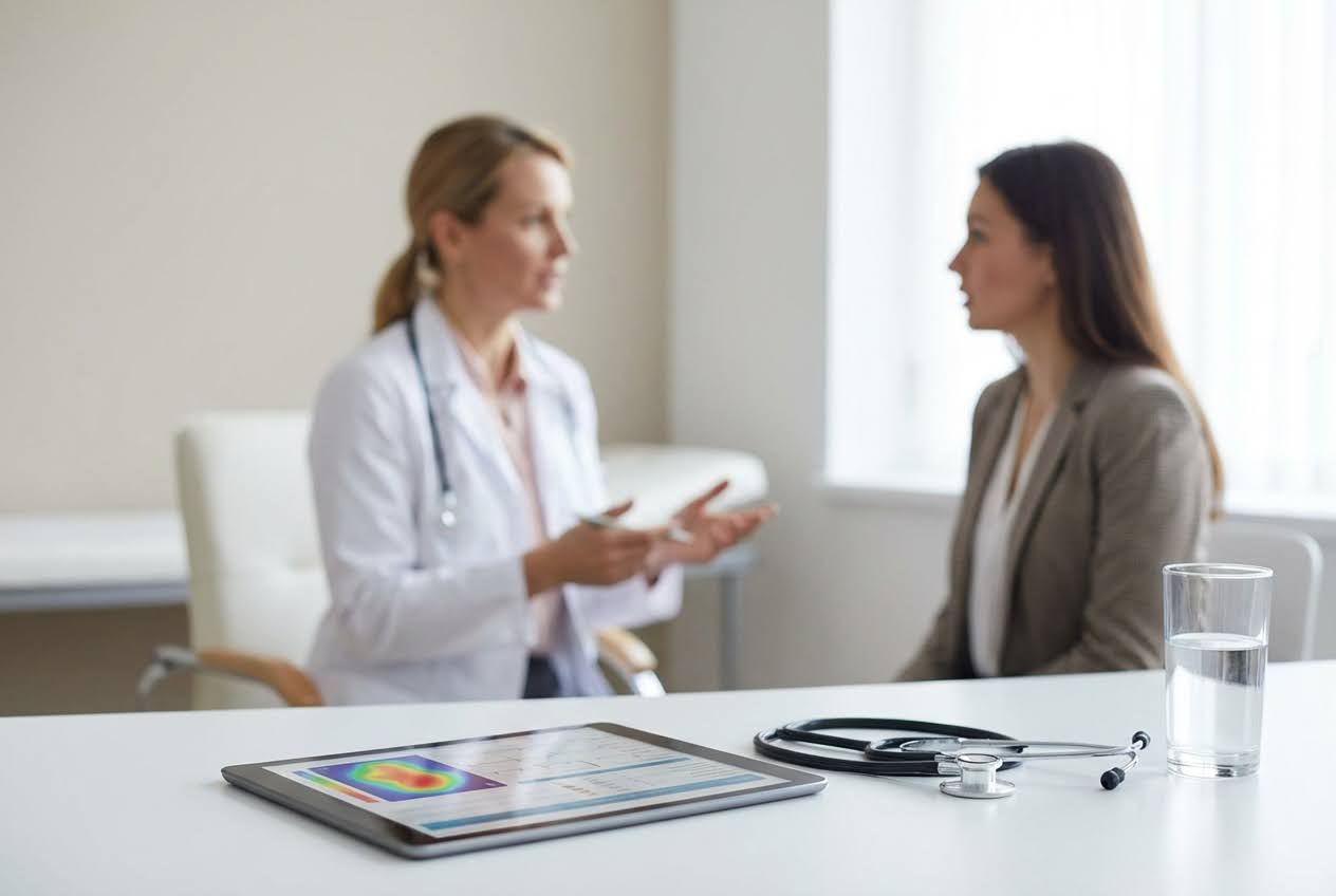 Doctor in a white coat talking to a patient, with a tablet showing a heat map and a stethoscope on the table