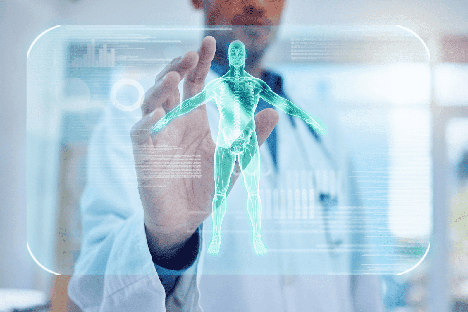Doctor interacting with a holographic human body scan