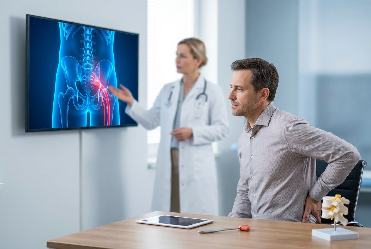 Doctor pointing at a digital human skeleton with a highlighted sciatic nerve, while a man holds his lower back in pain