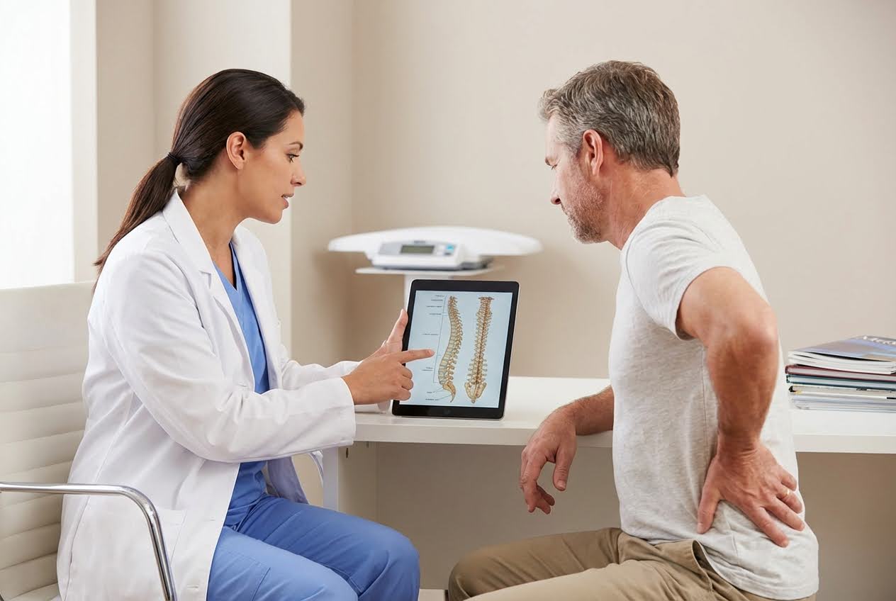 Doctor points to a spine diagram on a tablet while a male patient holds his lower back in pain.