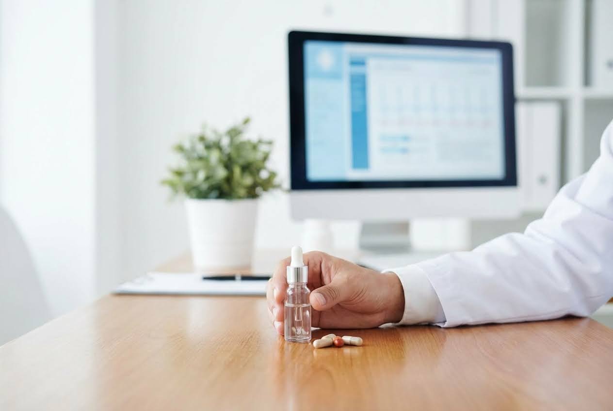 Doctor's hand in a white coat holding a dropper bottle next to pills on a wooden desk with a computer and a plant in the background.