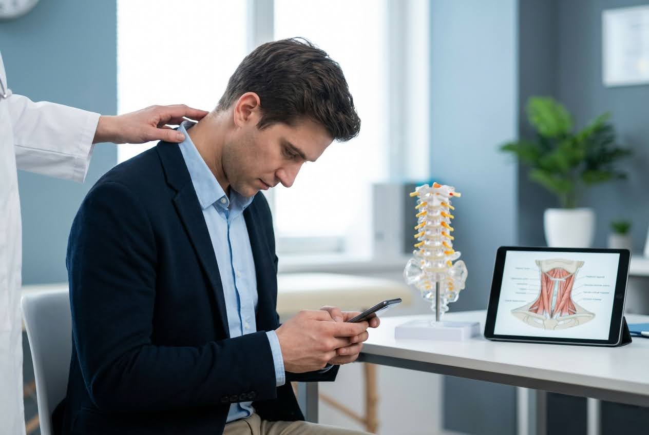 Doctor's hand on a man's neck as he looks at his phone, with a spine model and neck anatomy on a tablet nearby
