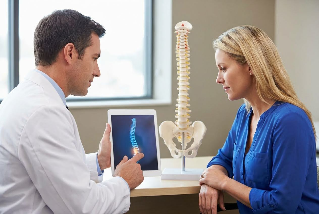 Doctor showing a patient a spinal X-ray on a tablet, with a spine model on the table.