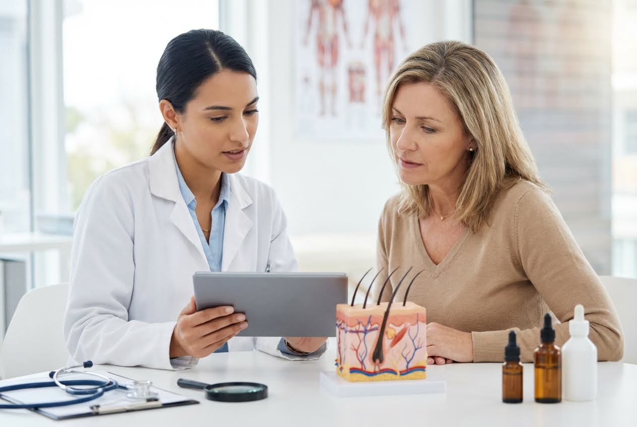 Doctor showing a tablet to a woman, with a hair follicle model and hair loss treatment bottles on the table