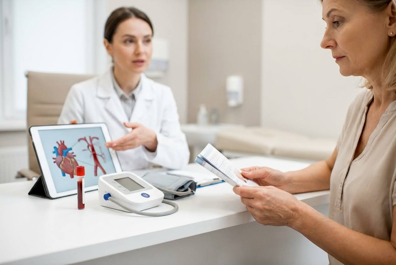 Doctor showing heart anatomy on a tablet to a woman reading a brochure, with a blood sample and blood pressure monitor