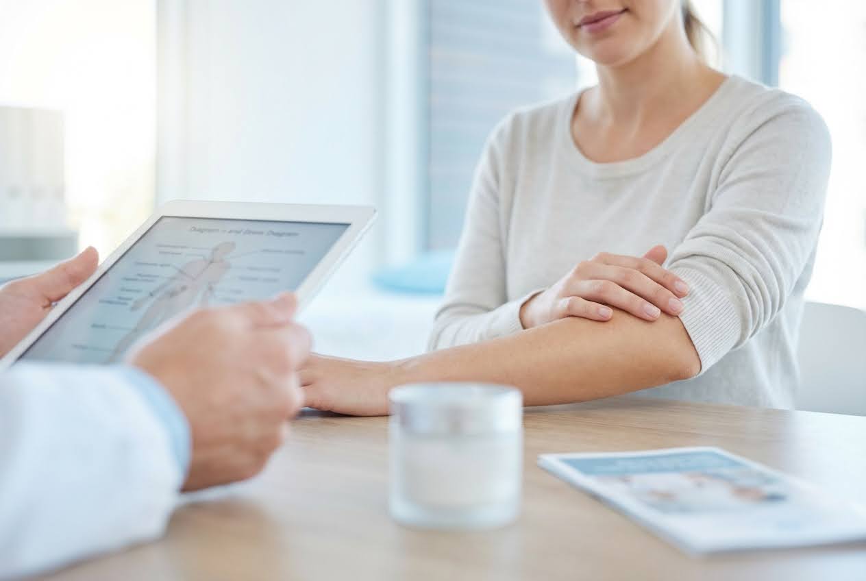 Doctor shows a patient an anatomical diagram on a tablet while she gently rubs her arm.