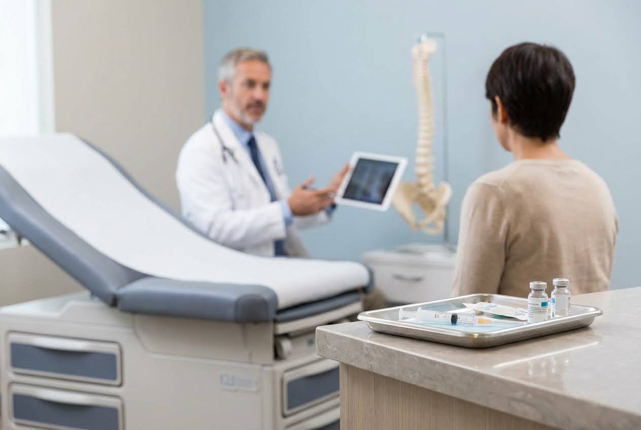 Doctor shows patient spinal X-rays on a tablet, with injection supplies in the foreground and a spine model in the background