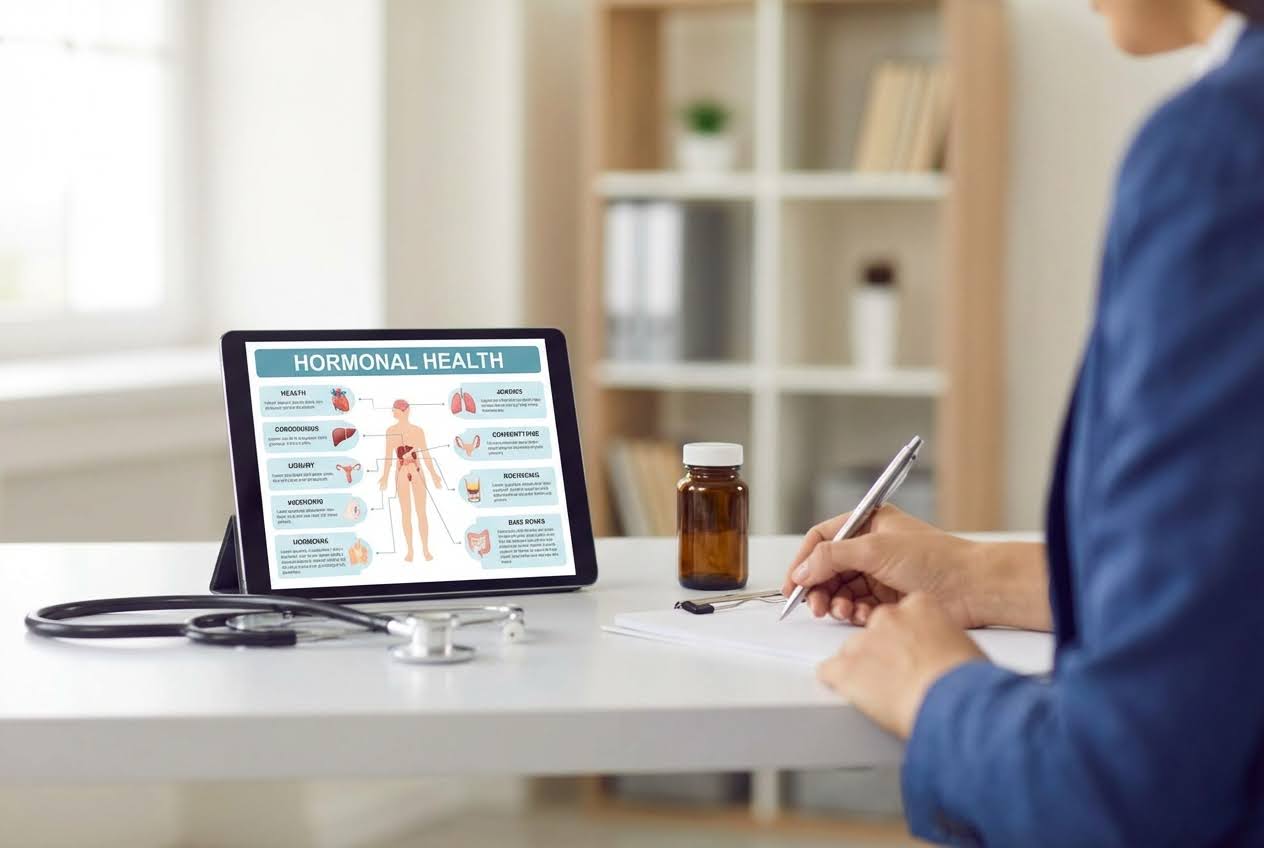 Doctor writing notes at a desk with a tablet displaying "Hormonal Health" and a human anatomy diagram, stethoscope, and pill bottle