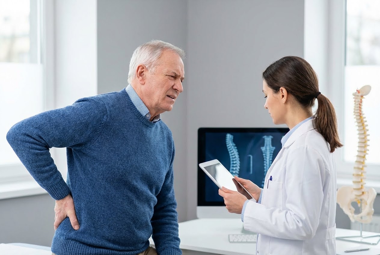 Elderly man grimacing and holding his lower back while a female doctor reviews a tablet in a medical office.