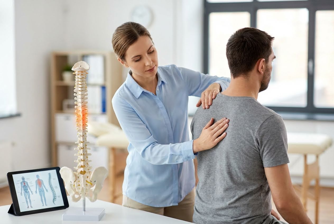 Female chiropractor examining a male patient's mid-back, with a spine model showing a red pain spot and a tablet displaying anatomy.