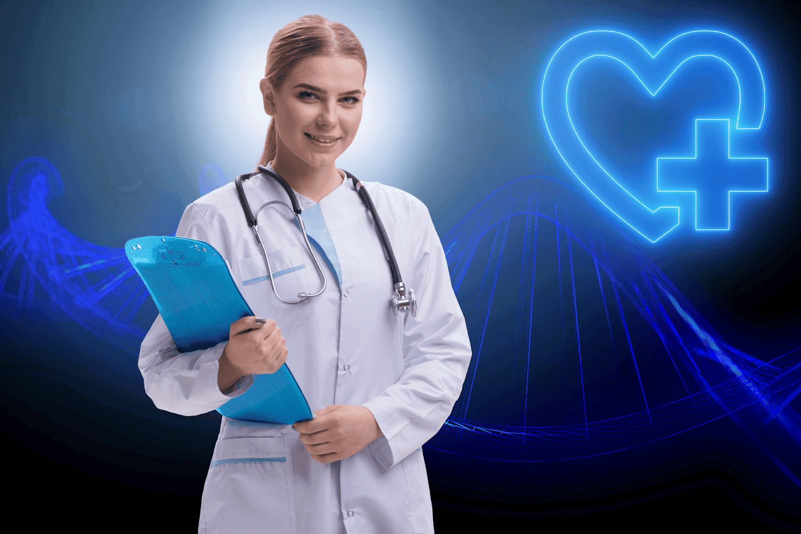 Female doctor in a white coat holding a blue clipboard with a stethoscope