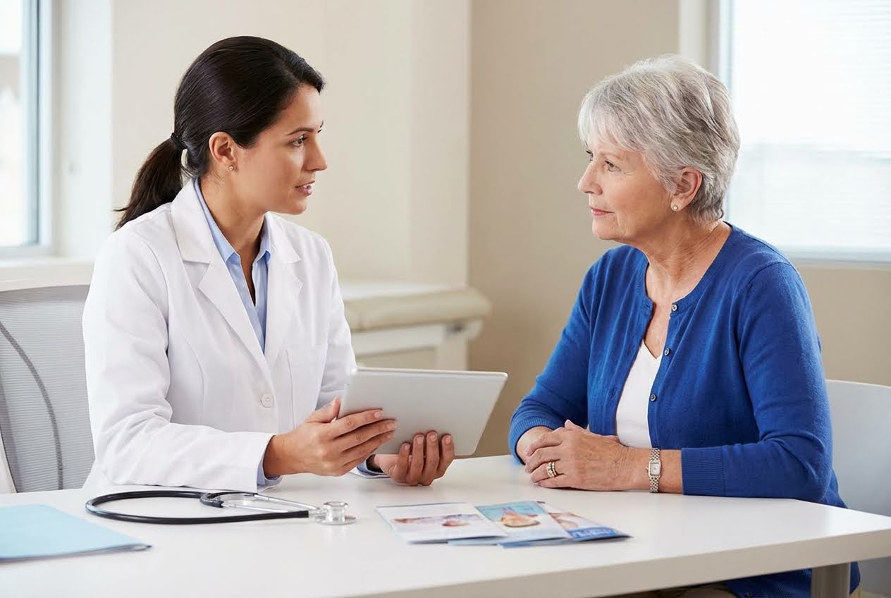 Female doctor in a white coat holding a tablet, talking to an older woman with gray hair in a blue cardigan.