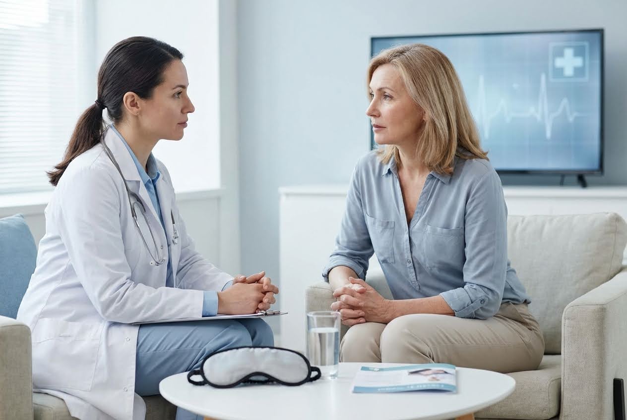 Female doctor in a white coat talking to a blonde woman in a modern office with a TV displaying a heart monitor.