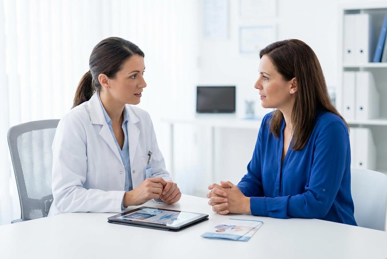 Female doctor in a white coat talking to a female patient in a blue shirt across a white table with a tablet