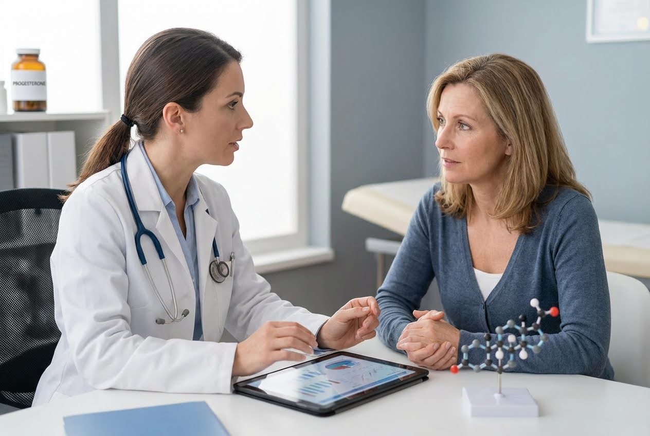 Female doctor in white coat talking to a patient, with a "Progesterone" bottle and molecular model on the desk