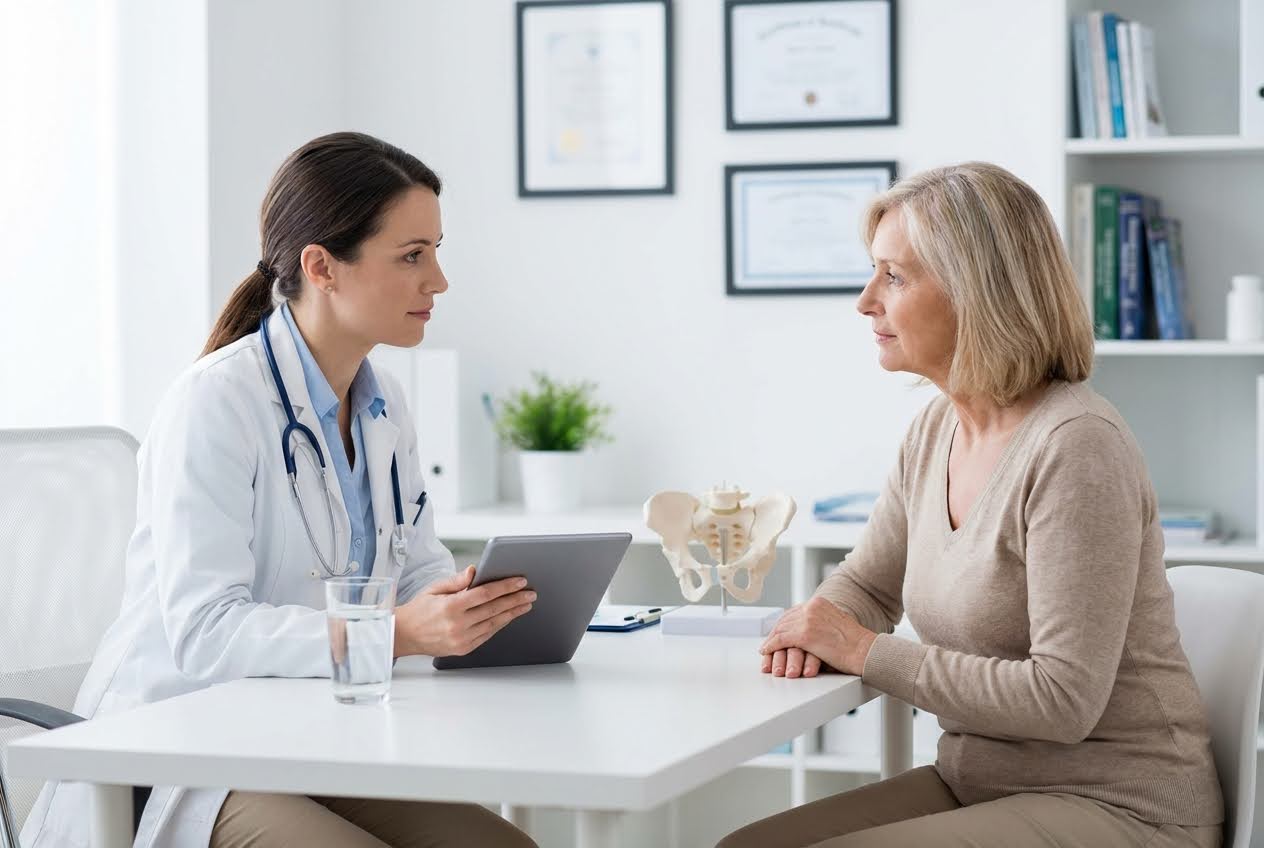 Female doctor in a white coat with a stethoscope holding a tablet, consulting an older woman in a bright office with a pelvis model