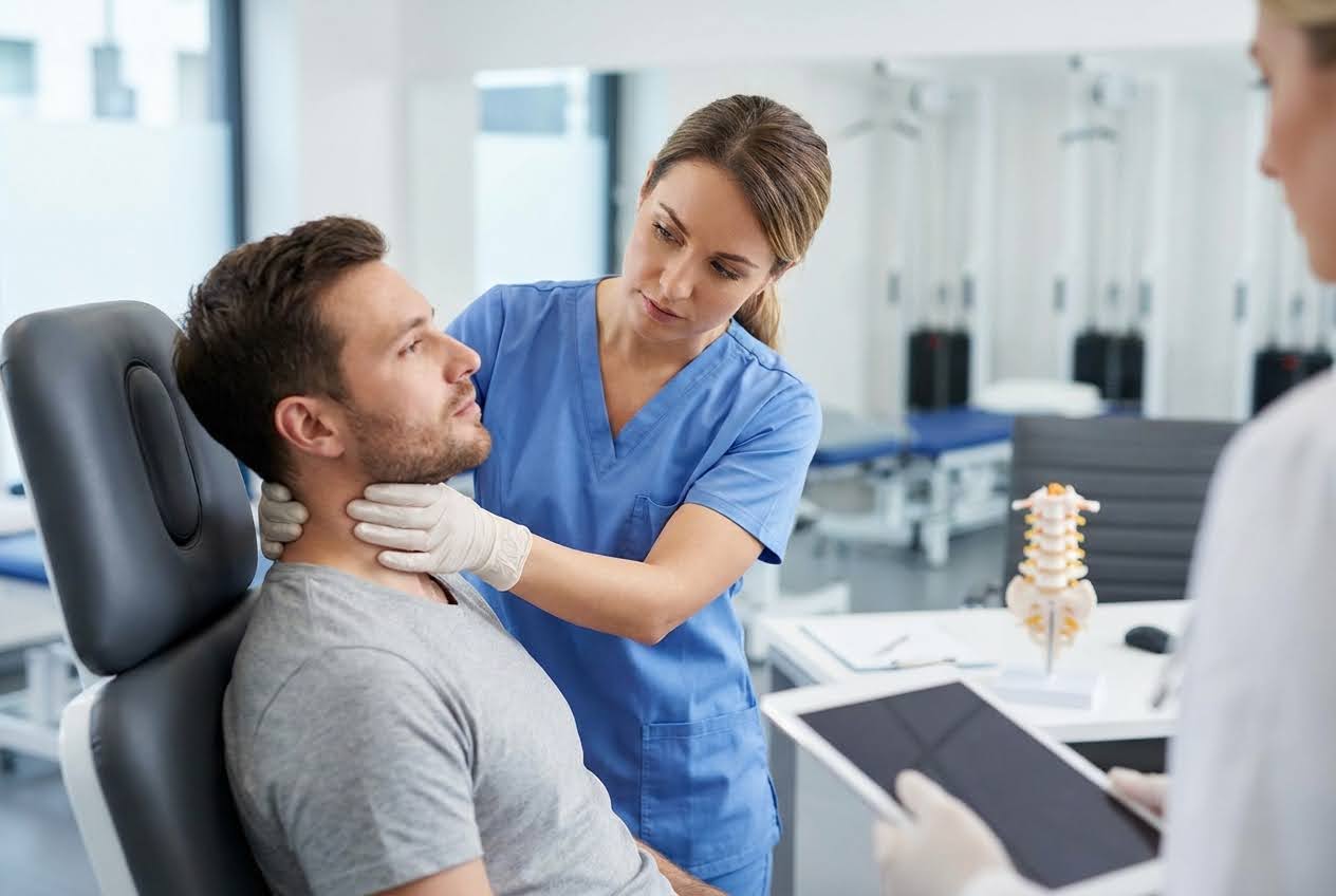 Female physical therapist in blue scrubs examining a male patient's neck in a bright clinic