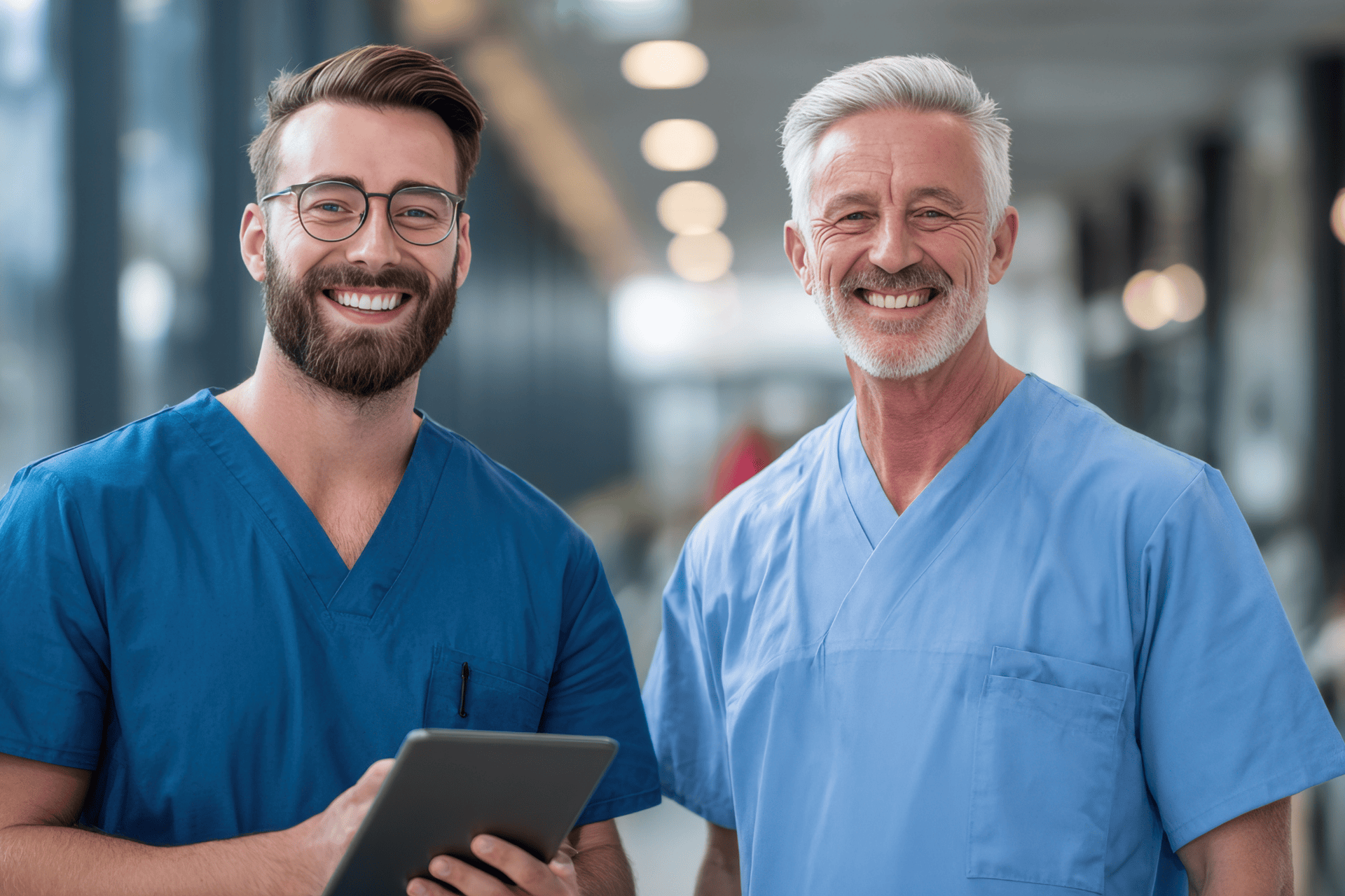 Two smiling doctors in scrubs standing together, one holding a tablet.