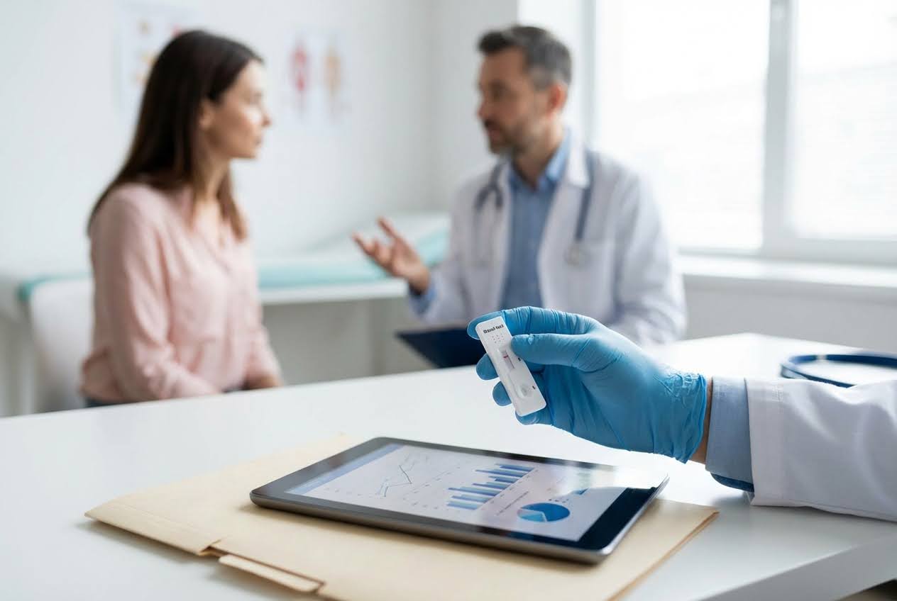 Gloved hand holding a rapid test kit over a tablet with charts, with a doctor and patient blurred in the background.
