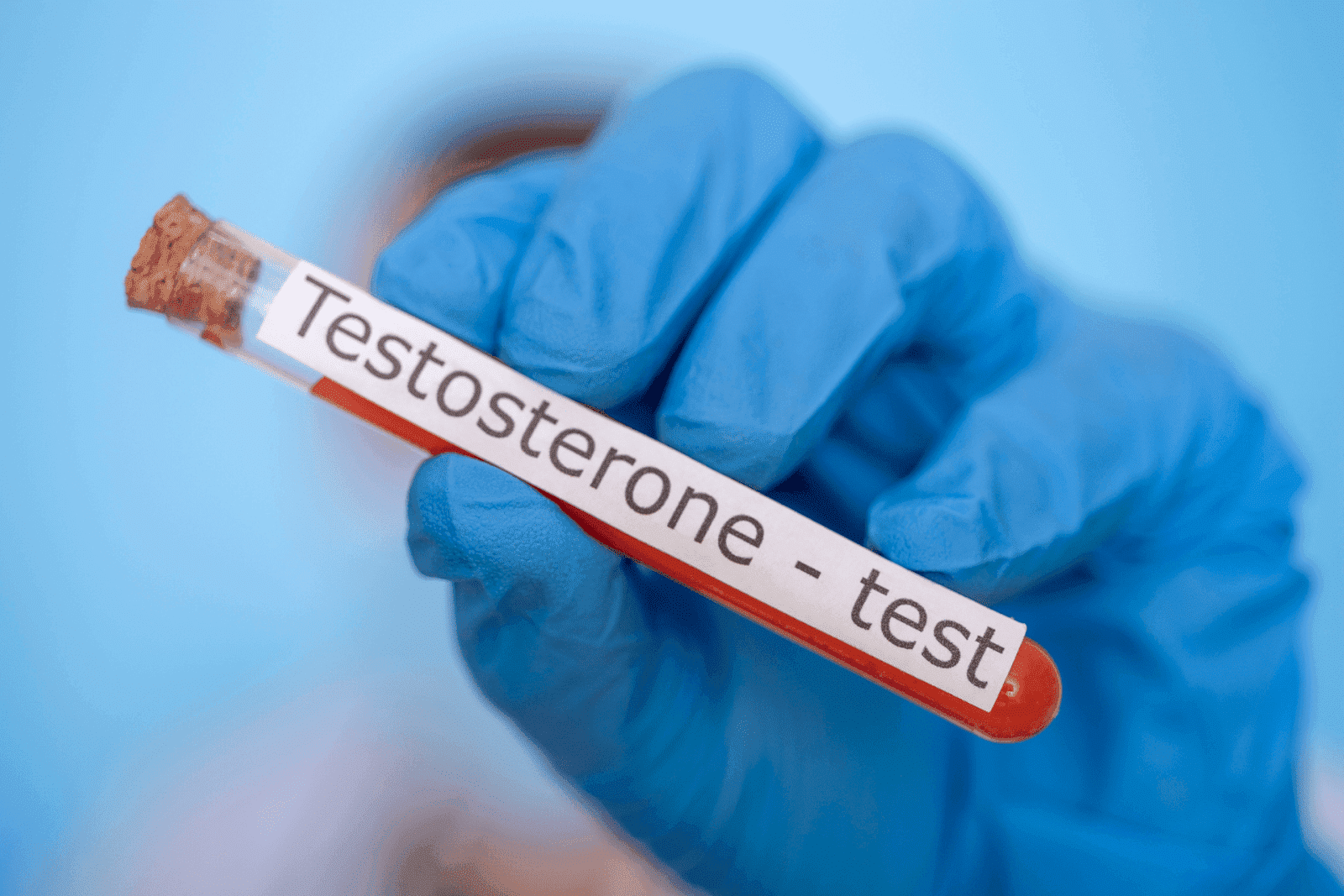 Gloved hand holding a test tube labeled testosterone test.