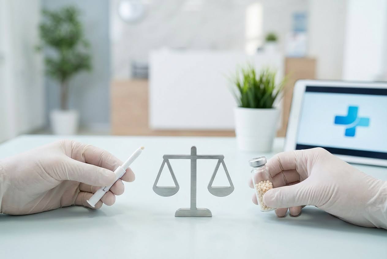 Gloved hands holding a pellet inserter and a vial of pellets, with a scale of justice in between