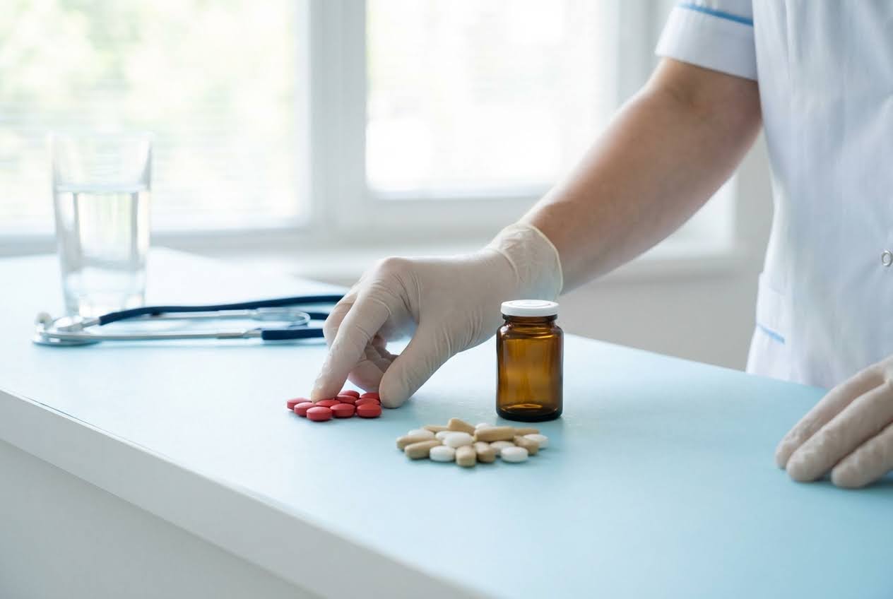 Gloved hands of a medical professional sorting red and beige pills on a blue table with a bottle, stethoscope, and water glass.