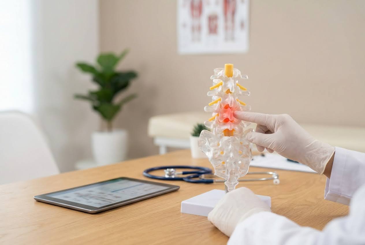Gloved hands pointing to a red, inflamed area on a clear plastic model of the human spine on a light wooden desk.