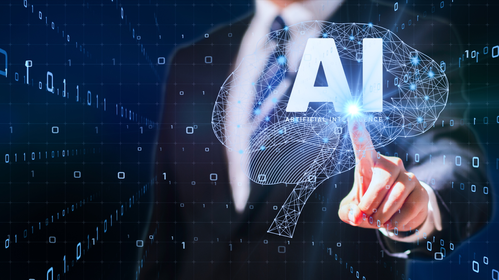 A person in a suit touches a glowing AI icon inside a digital brain hologram