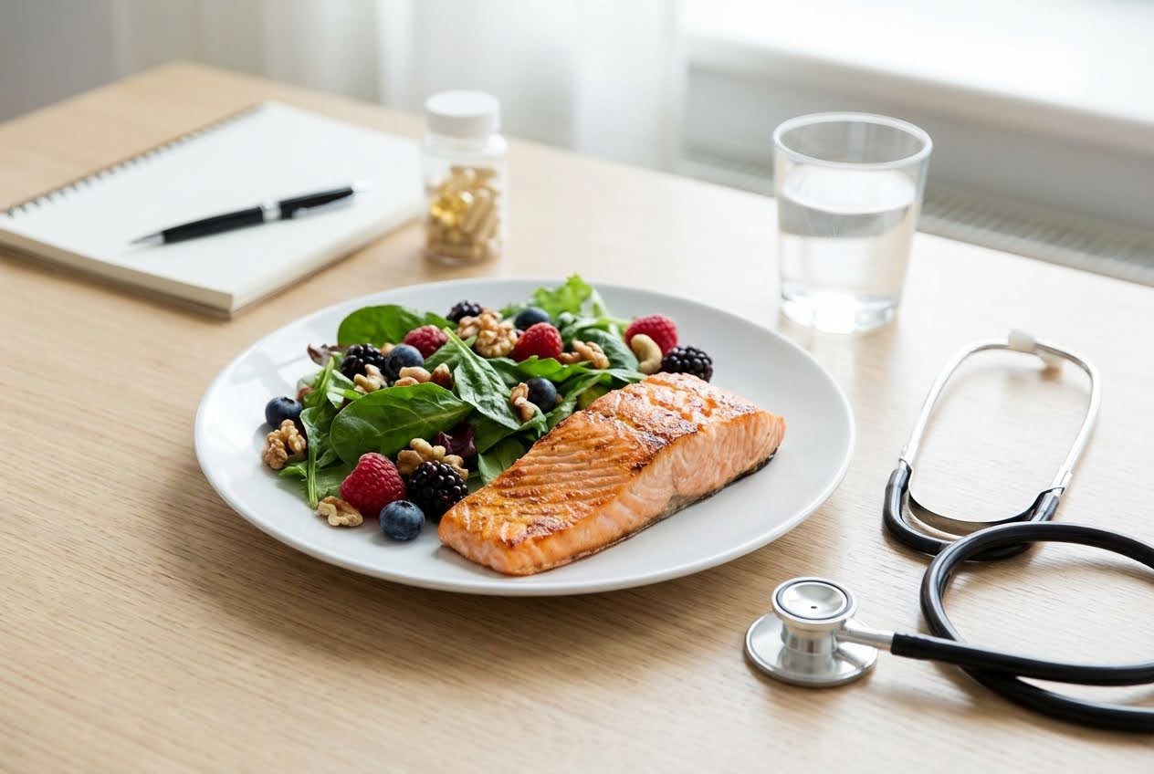 Grilled salmon and berry salad on a white plate with a stethoscope, vitamins, notebook, and water glass on a light wood table.