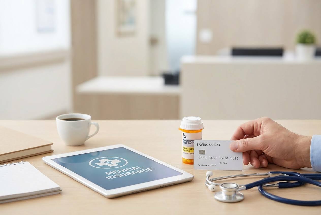 Hand holding a Savings Card next to a tablet showing Medical Insurance a pill bottle, and a stethoscope on a desk