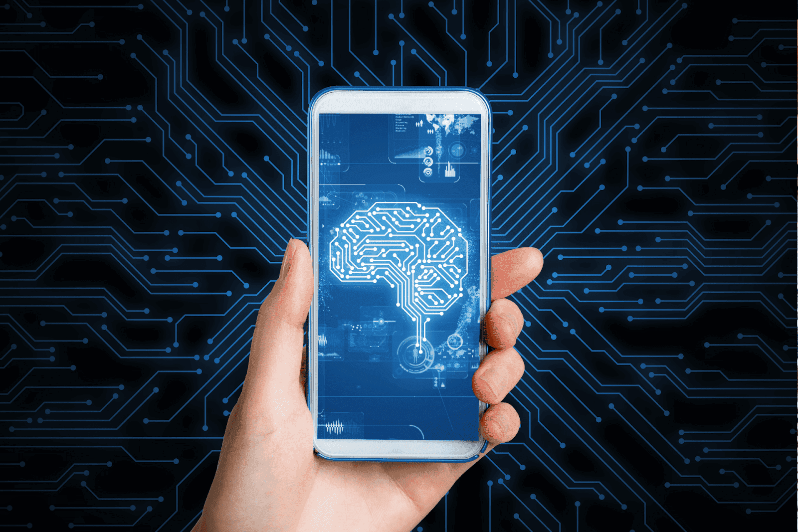 Hand holding a smartphone with a digital brain on the screen