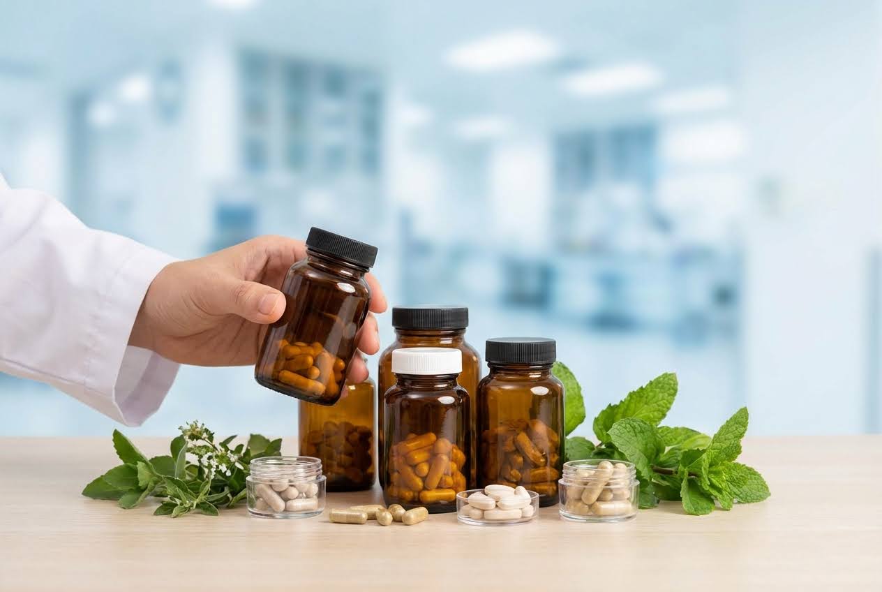 Hand in white coat holding a brown bottle of capsules, surrounded by other supplement bottles, loose pills, and green herbs.