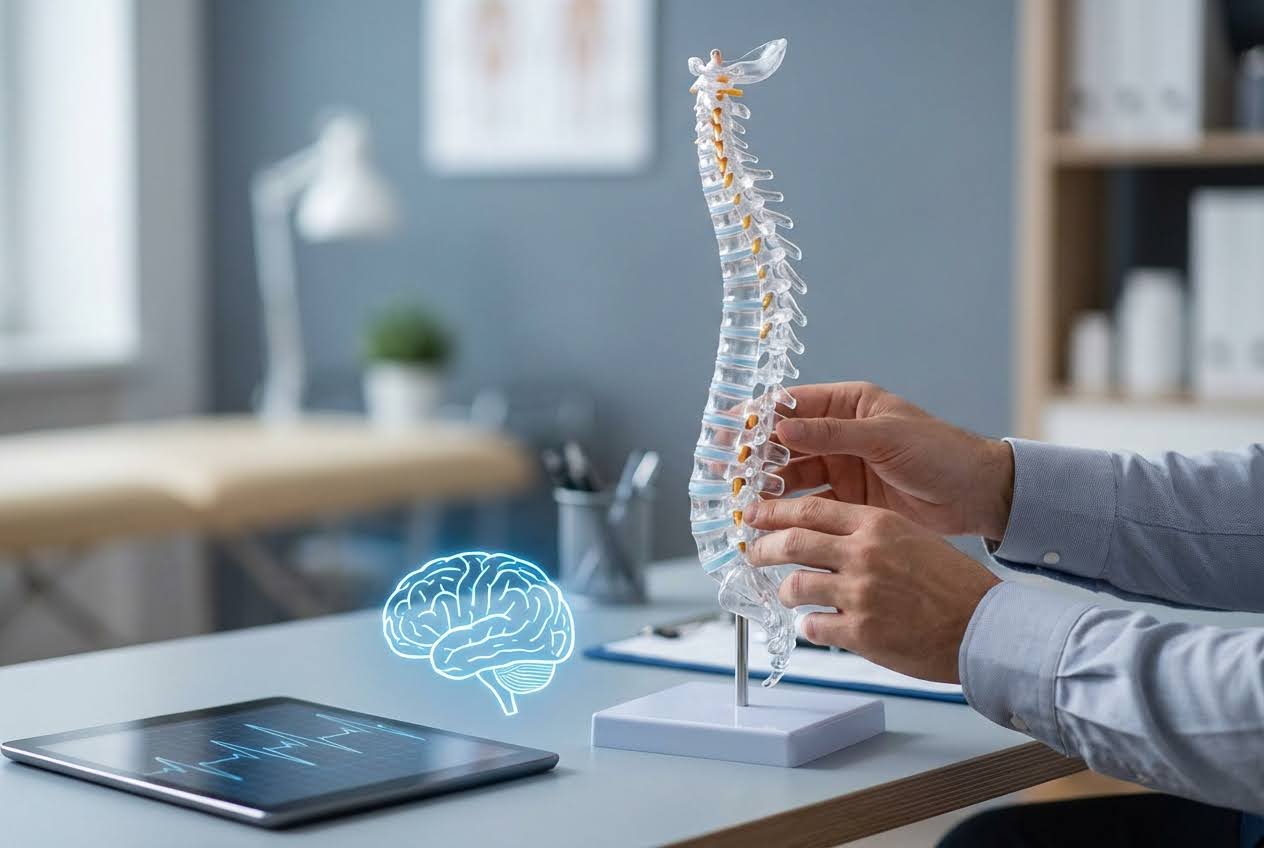 Hands examining a clear spine model next to a glowing brain hologram and tablet in a medical office