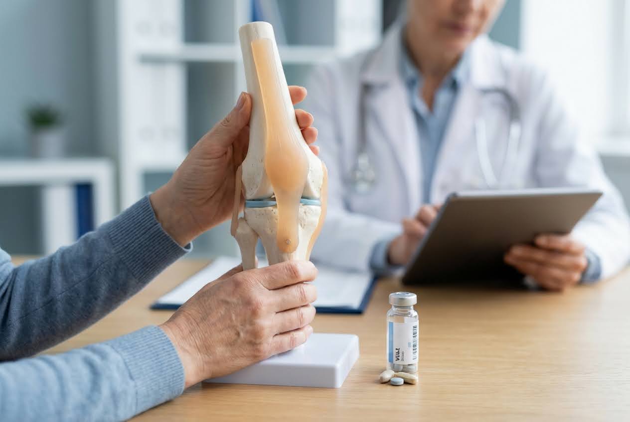 Hands holding a knee joint model, with a doctor using a tablet and a vial of pills on a wooden desk.