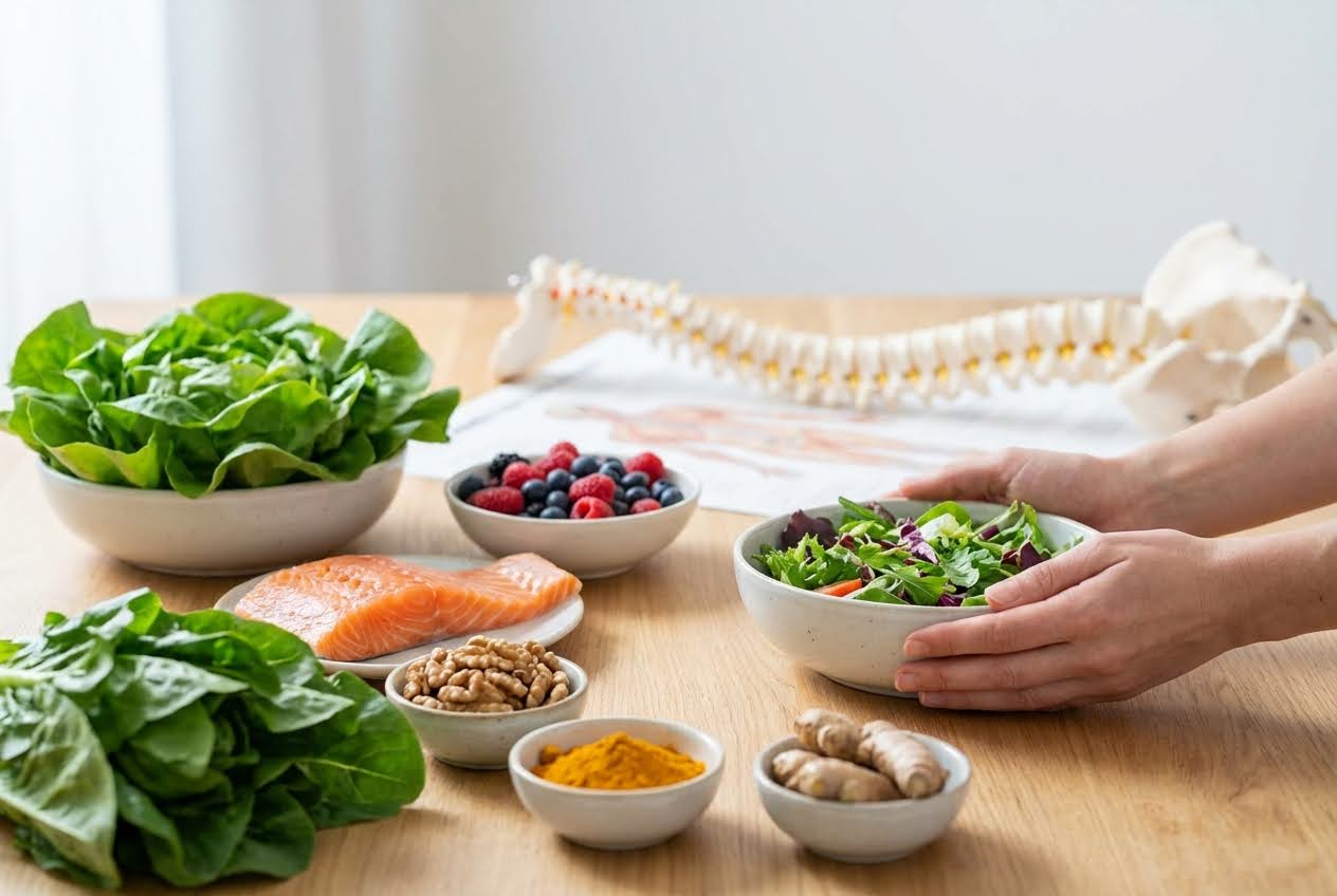 Hands holding a salad bowl, surrounded by salmon, berries, spinach, walnuts, turmeric, and ginger, with a spine model in the background